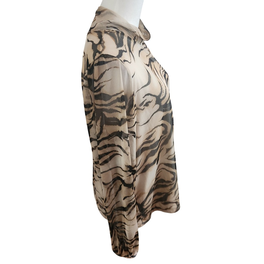 Chico's Size 3 Womens XL Tiger Print Mesh Mock Neck Top Brown Sheer Turtleneck - Picture 2 of 8